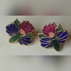 Vintage Cloisonne Orchid Or  lotus wren flower post earrings